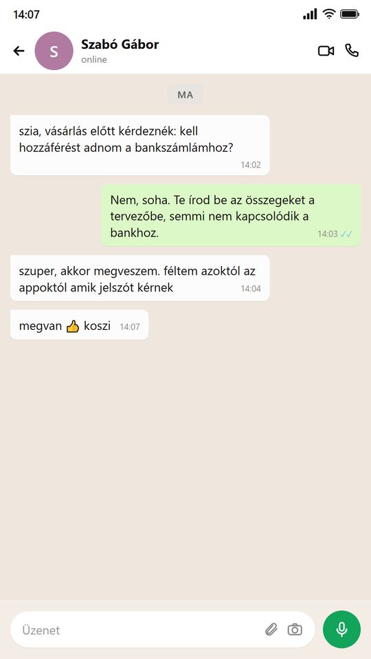 Üzenet egy embertől, aki használja a tervezőt