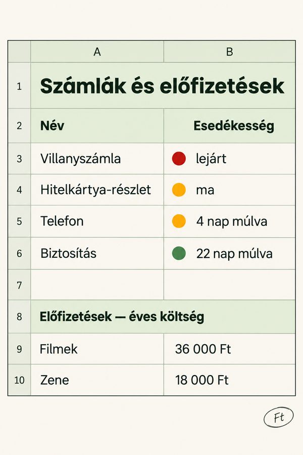 Számlák és előfizetések listája jelzőszínekkel